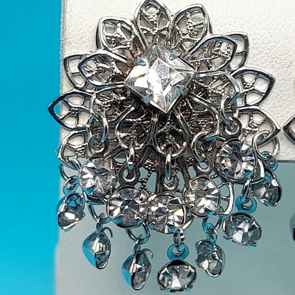 Vintage Waterfall Rhinestone Filigree Clip-On Earrings Tassel Dangle - Picture 3 of 9